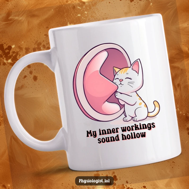 Funny cat mug, a playful feline intently listening to a massive human lung, showcasing a unique and humorous design.