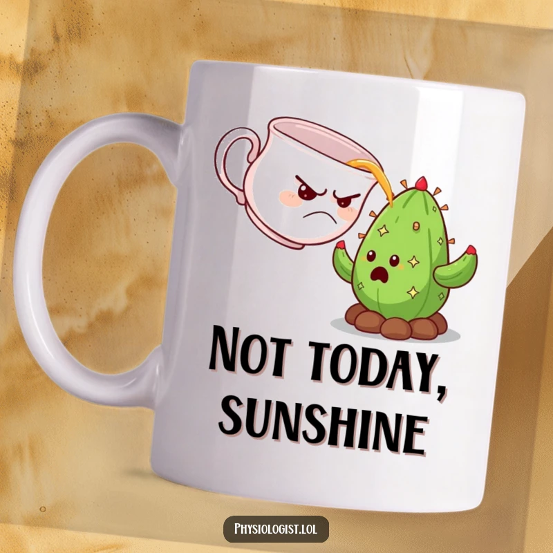Funny grumpy teacup pouring hot tea onto a wide-eyed, surprised cactus, creating a comical scene.