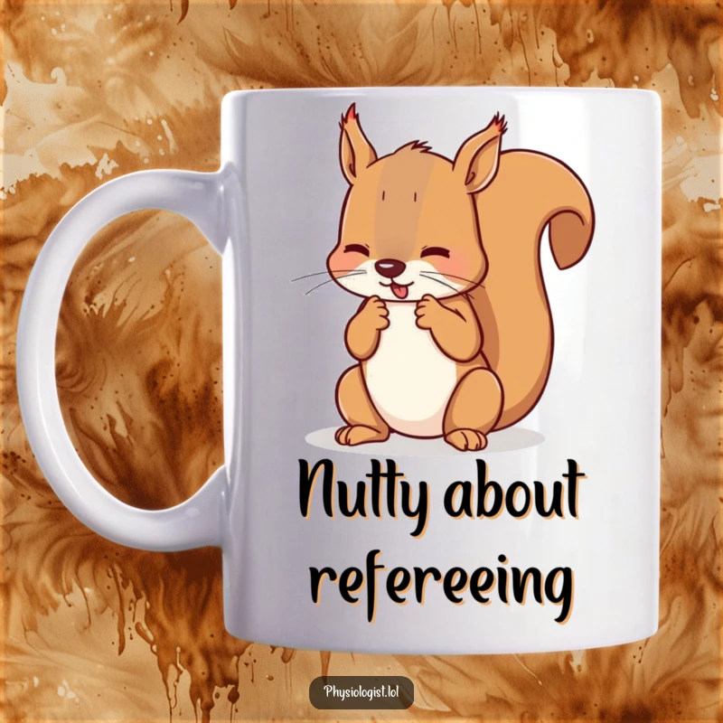 Funny squirrel referee mug showing a squirrel meticulously counting imaginary fouls on its paws, perfect for sports humor.