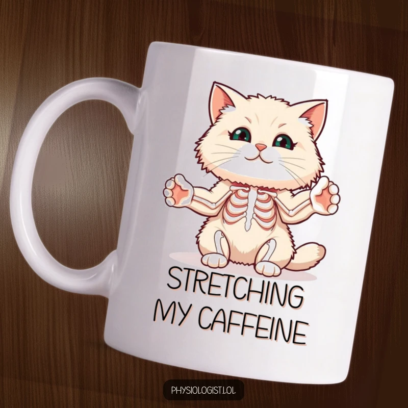 Funny fluffy cat mug showing a cat stretching its paws to illustrate an expanding skeletal muscle diagram, promoting fitness humor.