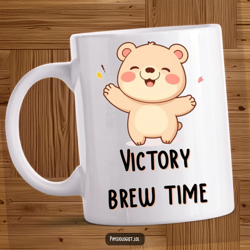 Funny Bear Mug: A giggling bear triumphantly celebrates a score with a flourish, radiating joy and humor.