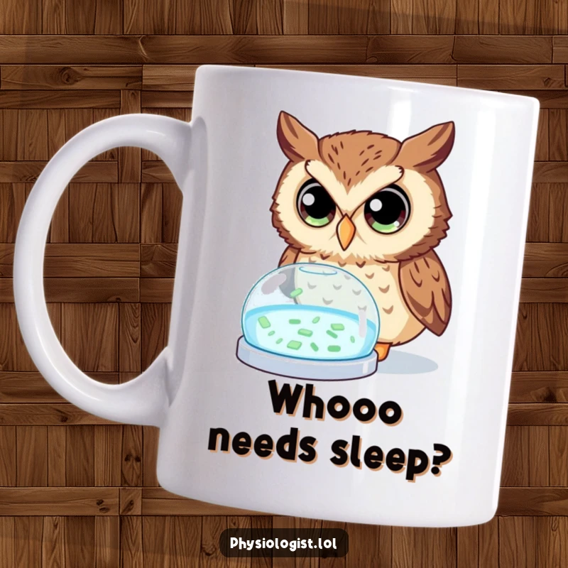 Funny owl mug showing a curious owl with wide eyes peering into a glowing petri dish, highlighting scientific exploration humorously.