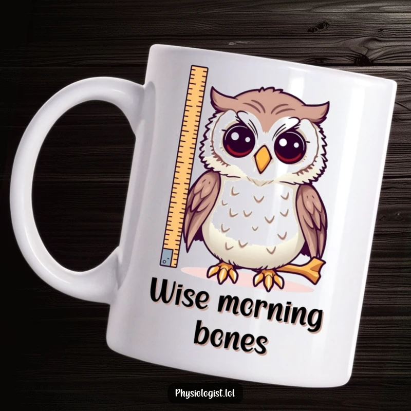 Funny owl mug, a curious owl with a measuring tape examining an extremely long bone, uniquely humorous.