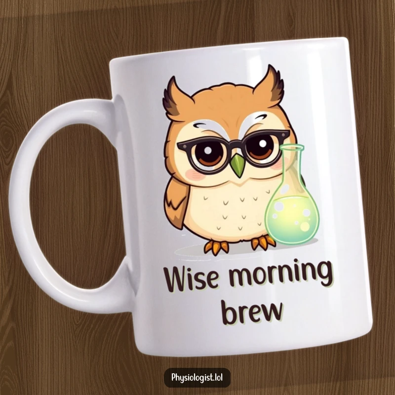 Funny, round, cheerful owl wearing tiny glasses peers intently at a glowing beaker, looking like a smart scientist.