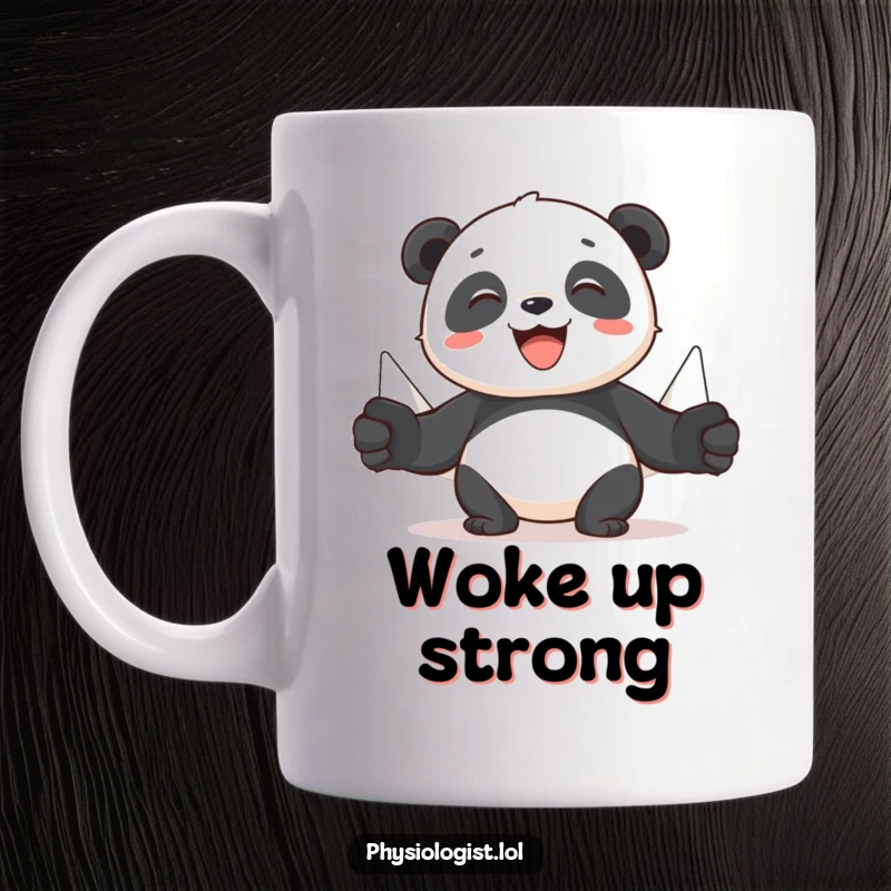 Funny panda mug showing a cheerful panda using puppets to demonstrate muscle movement, highlighting fitness and humor.