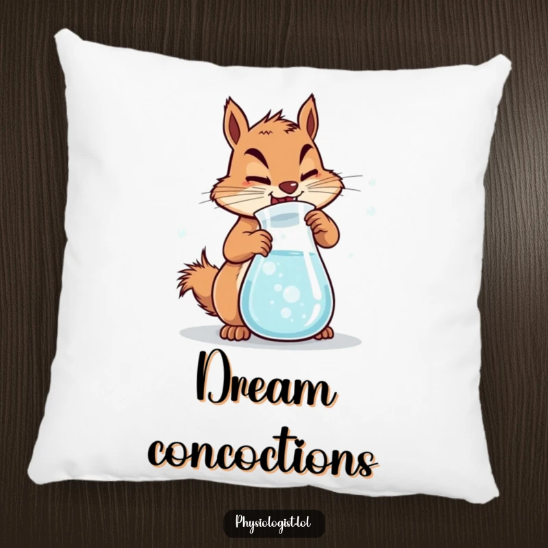 Funny Squirrel Pillow with a determined squirrel churning a beaker of bubbly liquid, providing comfort and a dose of quirky humor.