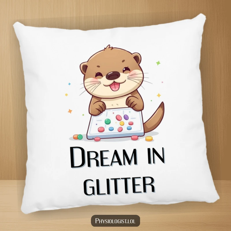 Funny otter pillow, a soft cushion featuring a cheerful otter sprinkling glitter and pills onto a slide, offering comfort.
