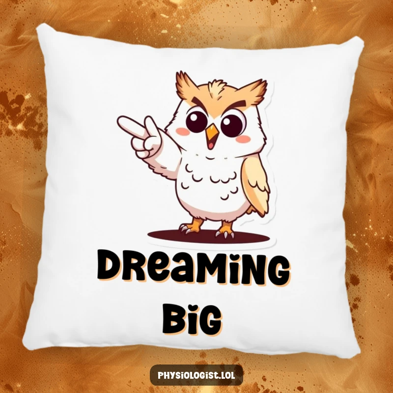 Funny cheerful owl pointing pillow, an owl dramatically gesturing towards a goal, soft and decorative cushion.