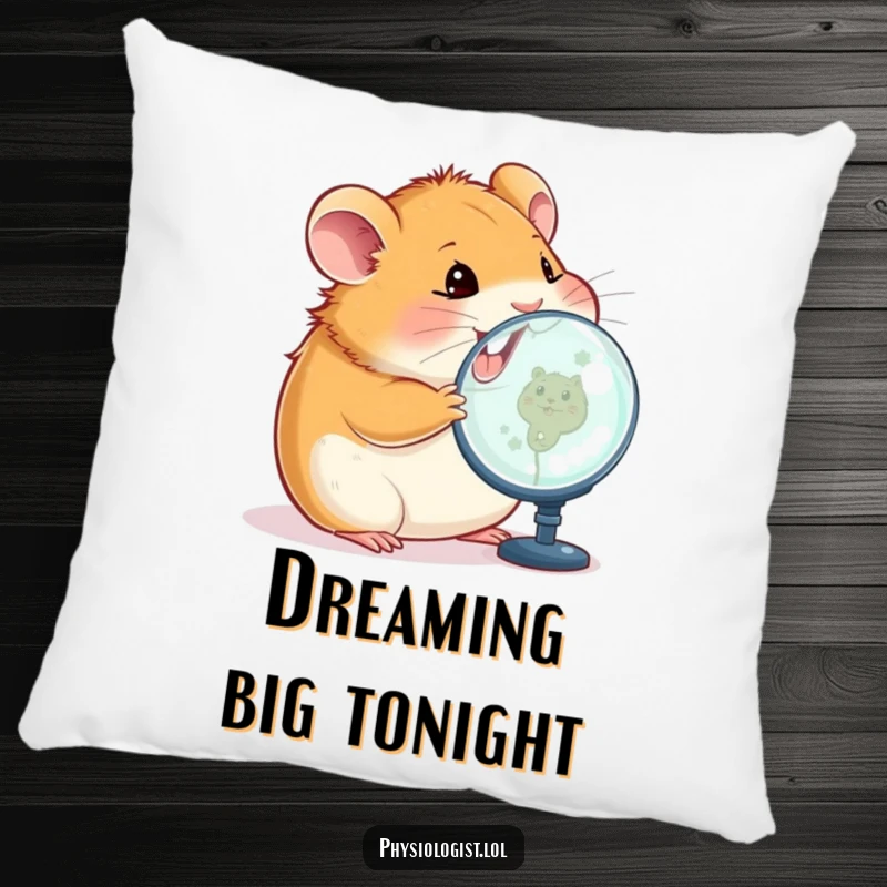 Funny hamster pillow displaying a happy hamster intently examining a magnified image on a screen, bringing humorous tech vibes to any room.