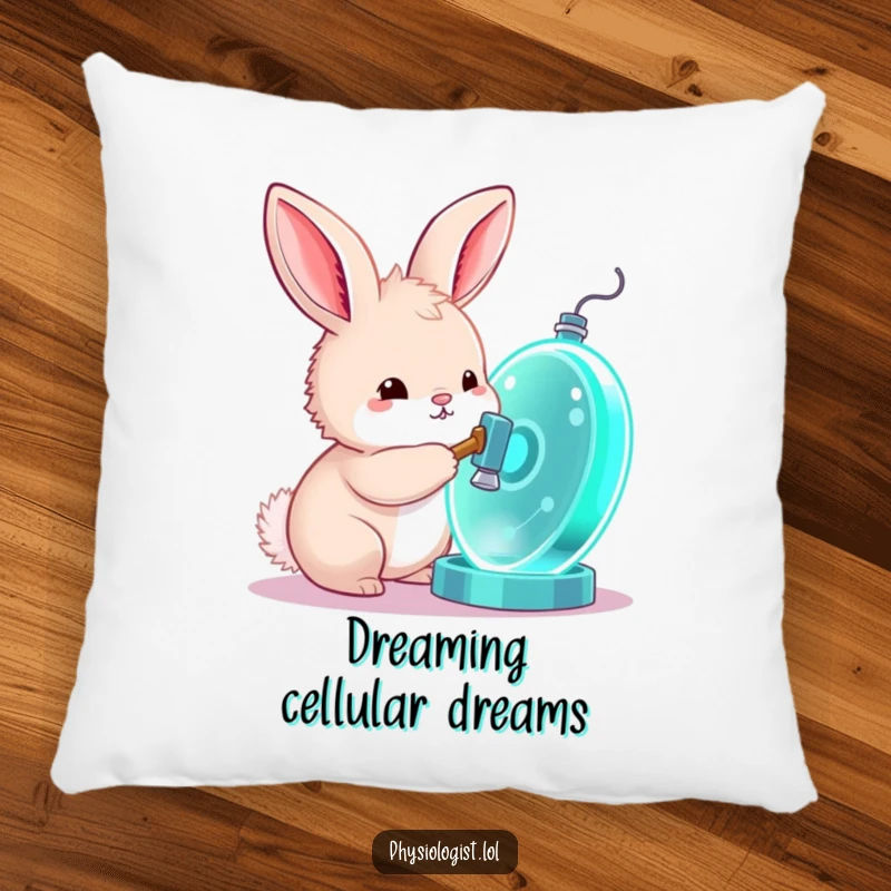 Funny bunny pillow, a soft cushion featuring a curious bunny tapping a glowing cell model with a hammer, offering comfort.