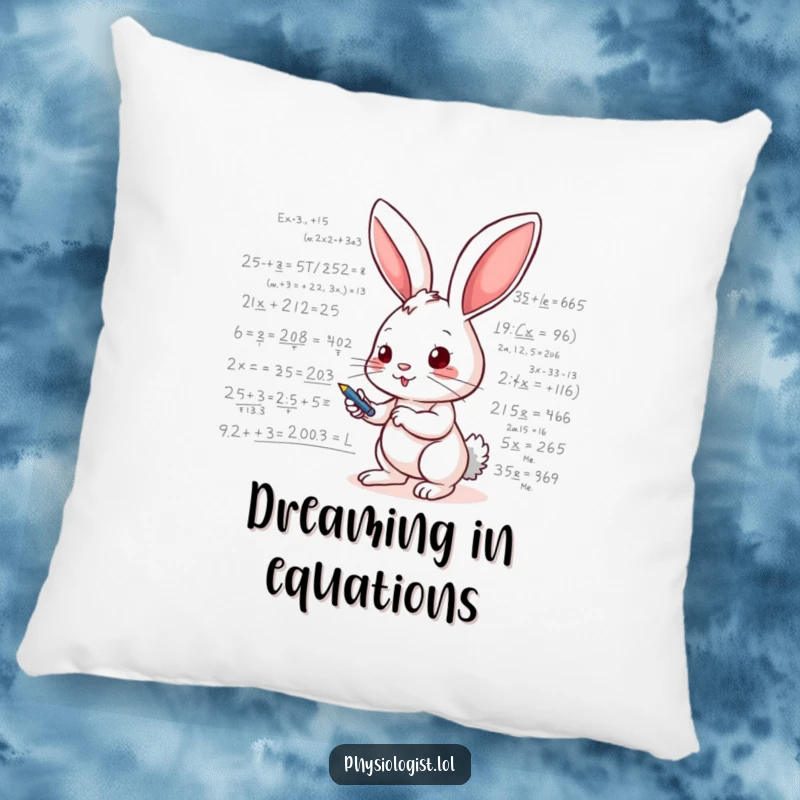 Funny pillow featuring an energetic bunny rabbit scribbling complex mathematical equations on a whiteboard, bringing comfort and intellectual charm.