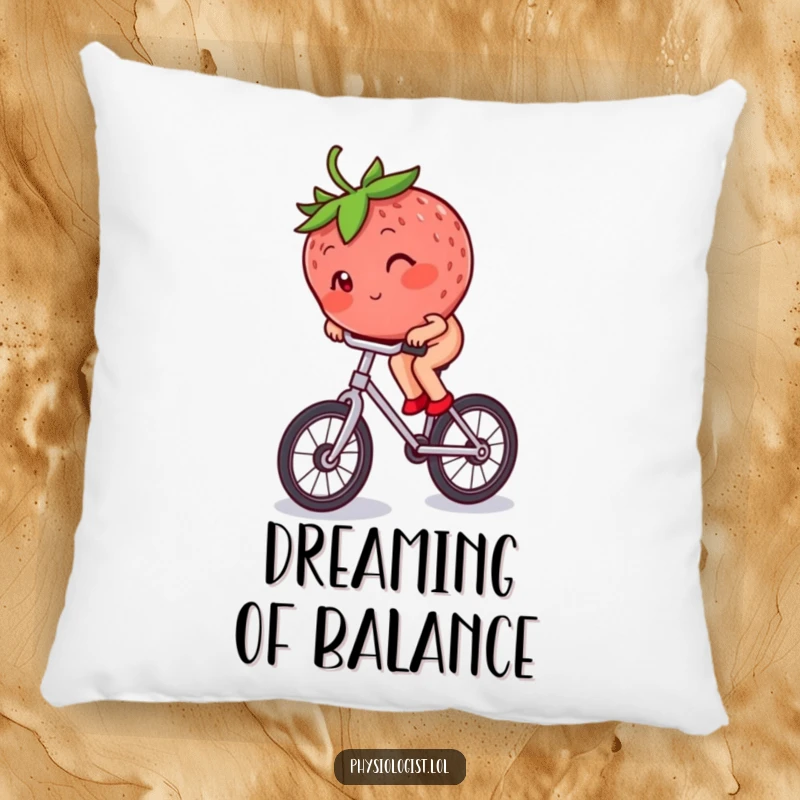 Funny blushing strawberry riding a unicycle, depicted on a plush, comfortable decorative pillow.