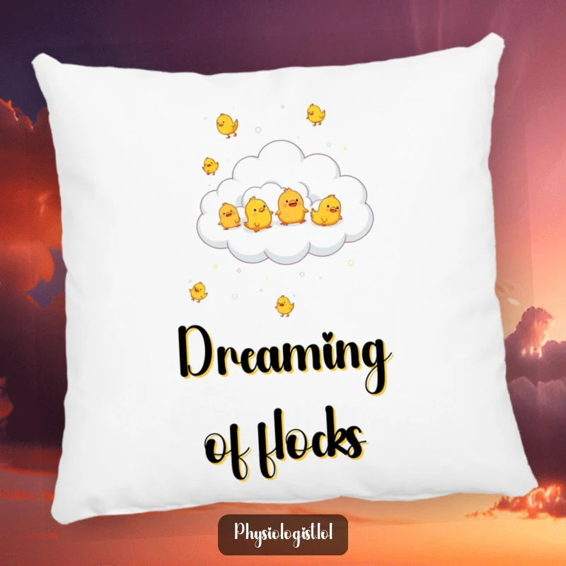 Funny fluffy cloud raining rubber chickens, on a pillow, providing humorous and whimsical comfort.