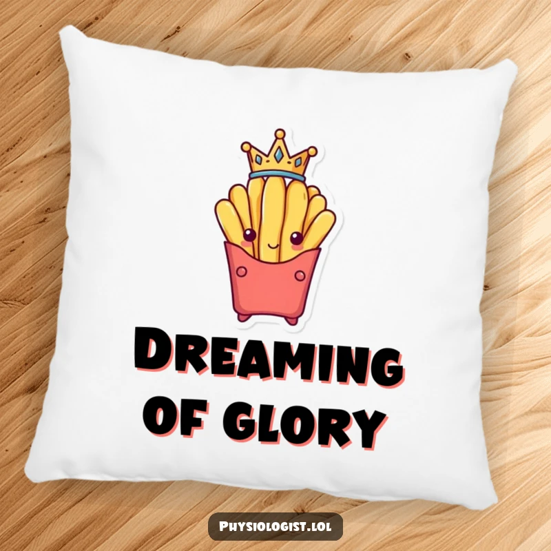 Funny french fry wearing a tiny crown, looking majestic and content, depicted on a plush, comfortable decorative pillow.