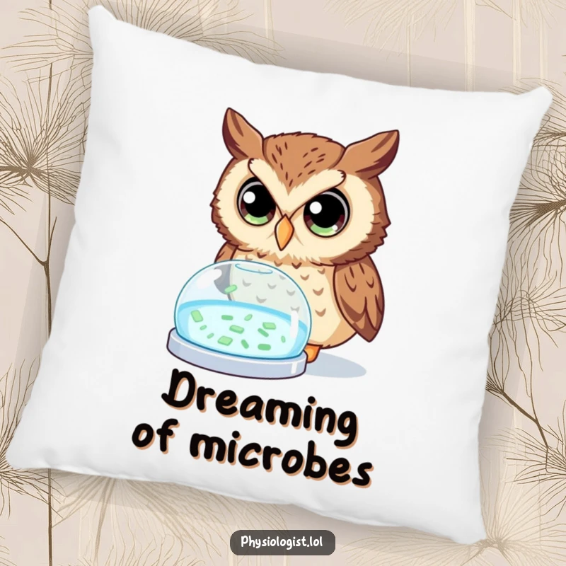 Funny owl pillow displaying a curious owl with wide eyes examining a glowing petri dish, bringing humorous scientific vibes to any room.