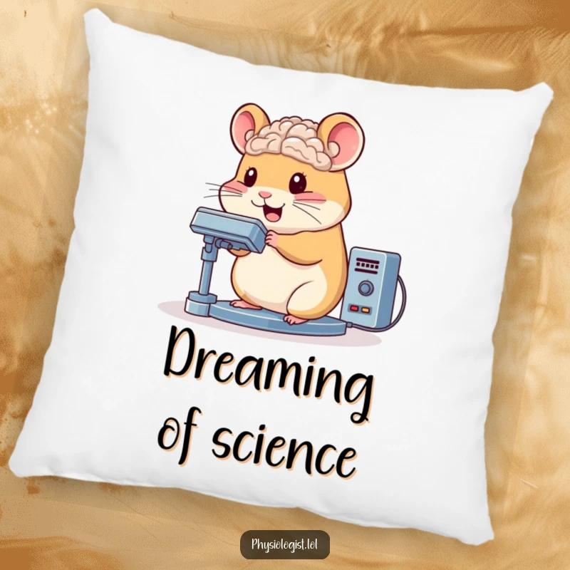 Funny hamster pillow character bouncing while operating a complex brain scanner, a comfortable and humorous accent.