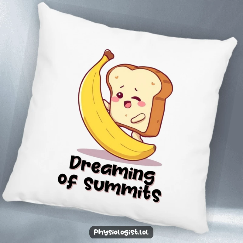 Funny determined toast slice climbing a banana, on a pillow, adding humorous motivation to any cozy space.