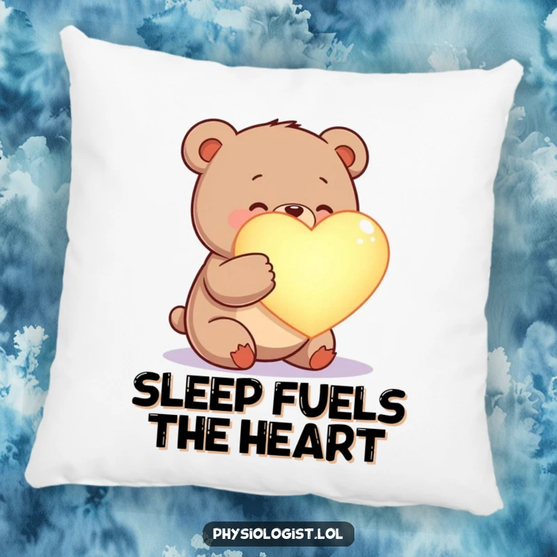 Funny happy bear pillow design, examining a glowing heart, a cozy and heartwarming addition.