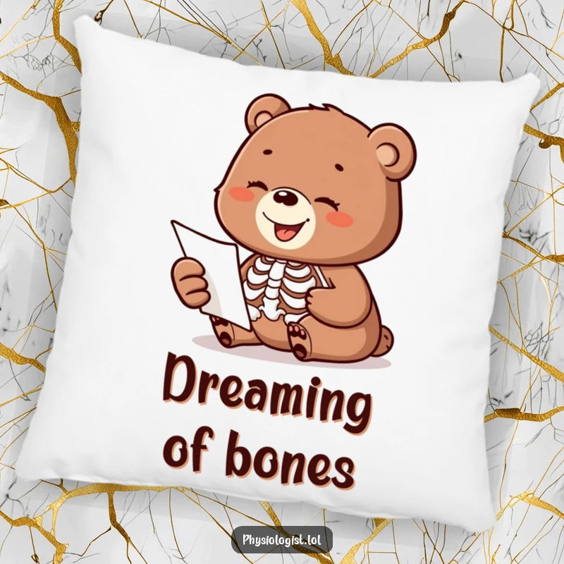 Funny pillow with a happy bear cub looking at a skeleton anatomy diagram, offering humorous comfort.