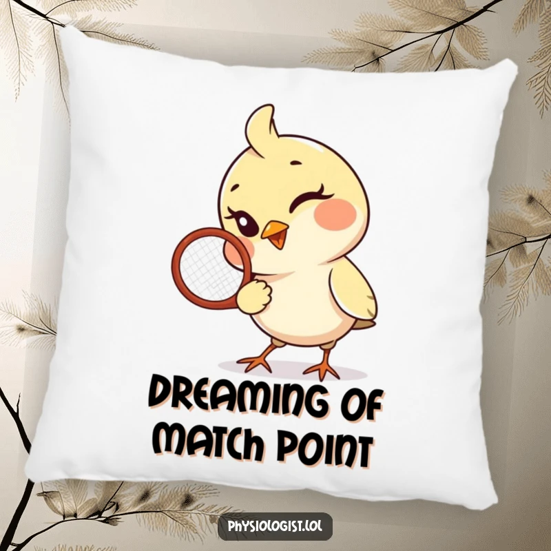 Funny Bird Pillow: A playful bird winks while holding a tennis racquet, providing cozy comfort and sporty charm.