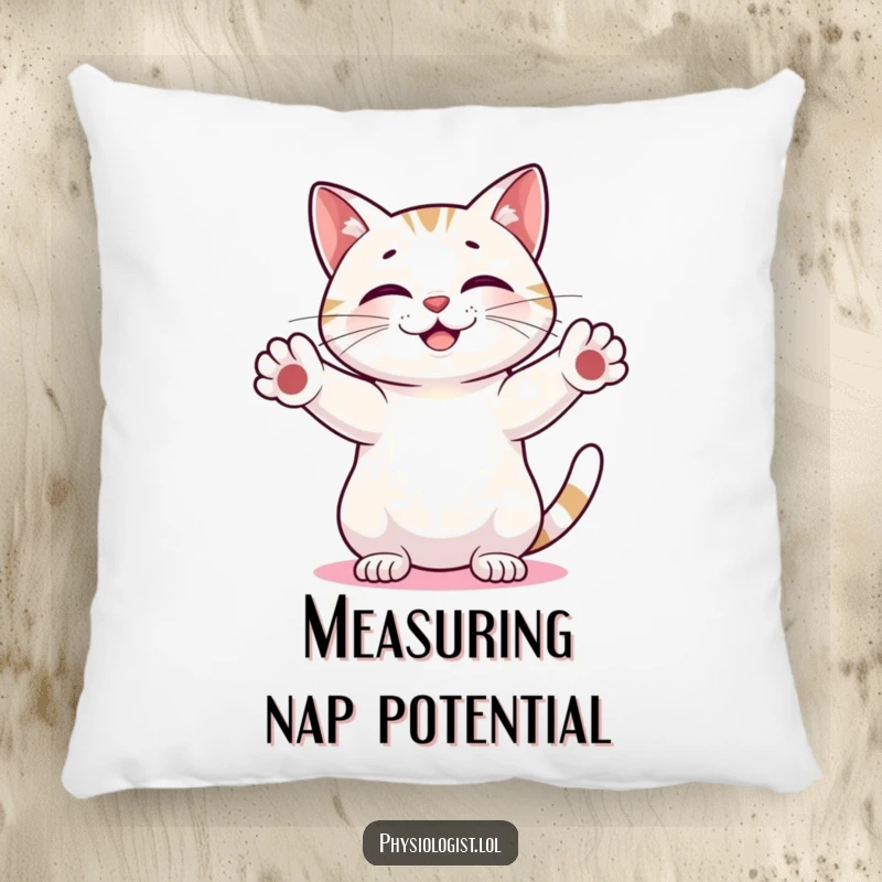 Funny Cat Abstract Pillow: Soft pillow featuring a smiling cat measuring an abstract glowing shape, offering humorous comfort and decor.