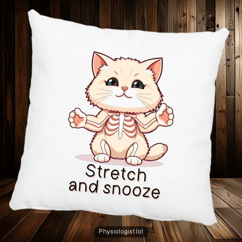 Funny cat muscle pillow with a fluffy cat stretching its paws to illustrate muscle diagrams, offering comfy fitness humor.