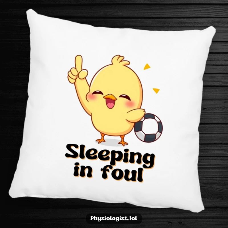 Funny pillow designed with a giggling chick enthusiastically signaling a penalty, offering humorous comfort and sports fan appeal.