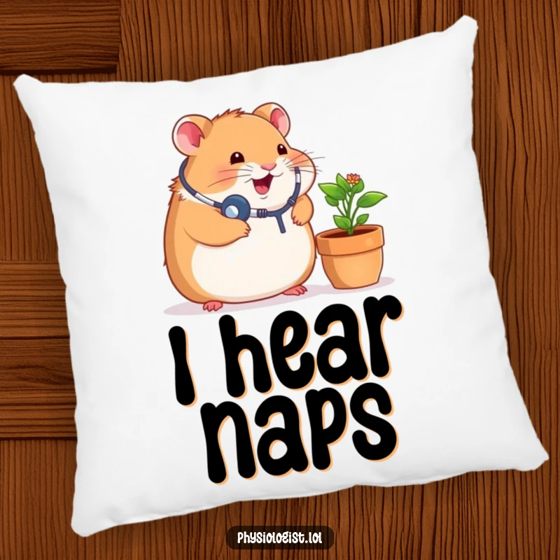 Funny pillow with a plush chubby hamster dressed as a doctor, stethoscope in ear, listening intently to a small green potted plant.