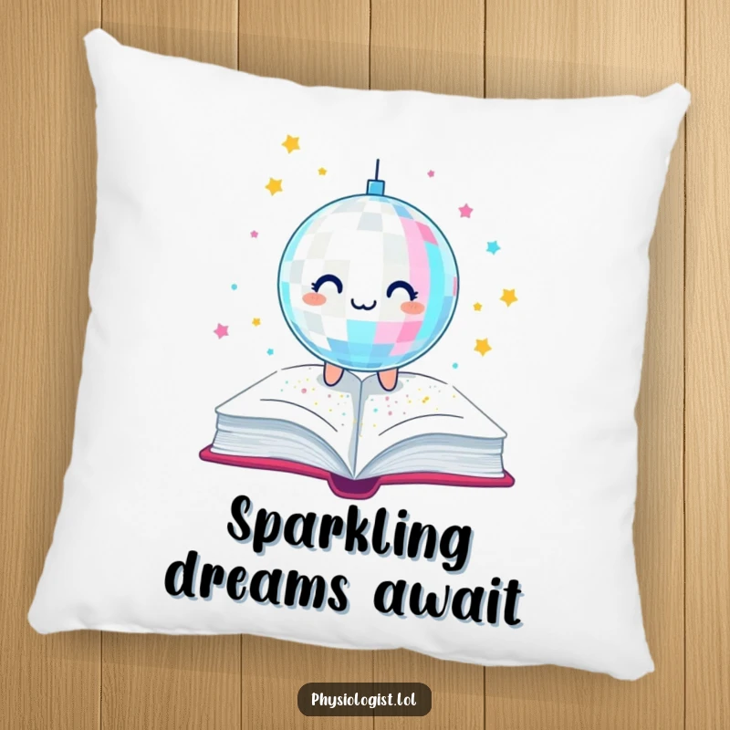 Funny pillow decorated with a happy disco ball showering a book with glitter, providing a humorous and comfortable accent for relaxation.