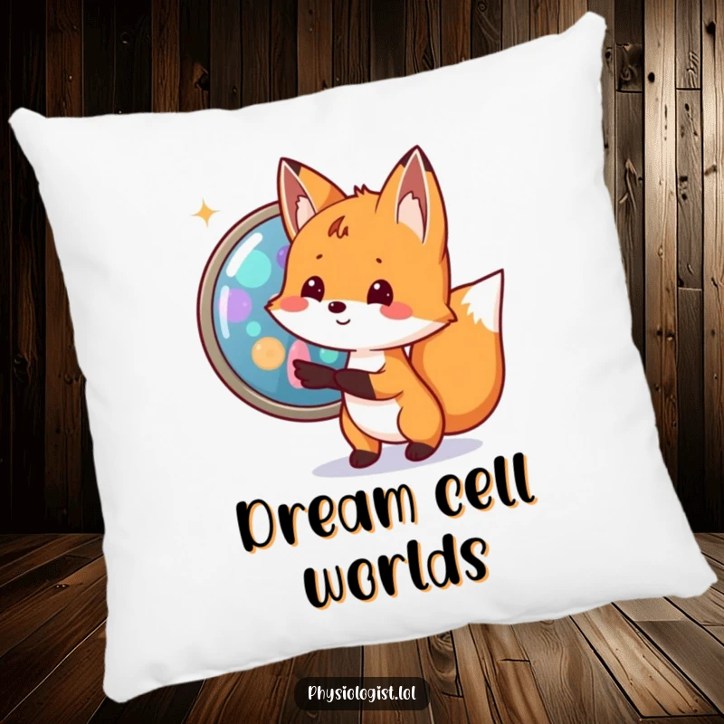 Funny fox biologist pillow with a small fox excitedly pointing to a magnified cell with bright, colorful organelles, offering cozy humor.
