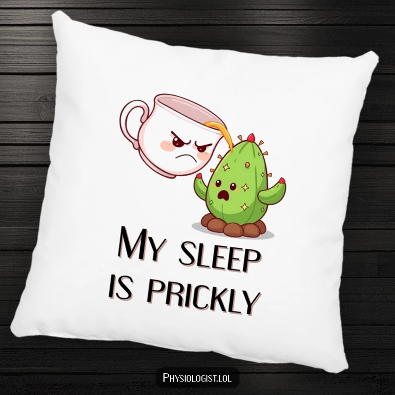 Funny grumpy teacup pouring tea onto a surprised cactus, depicted on a plush, comfortable decorative pillow.