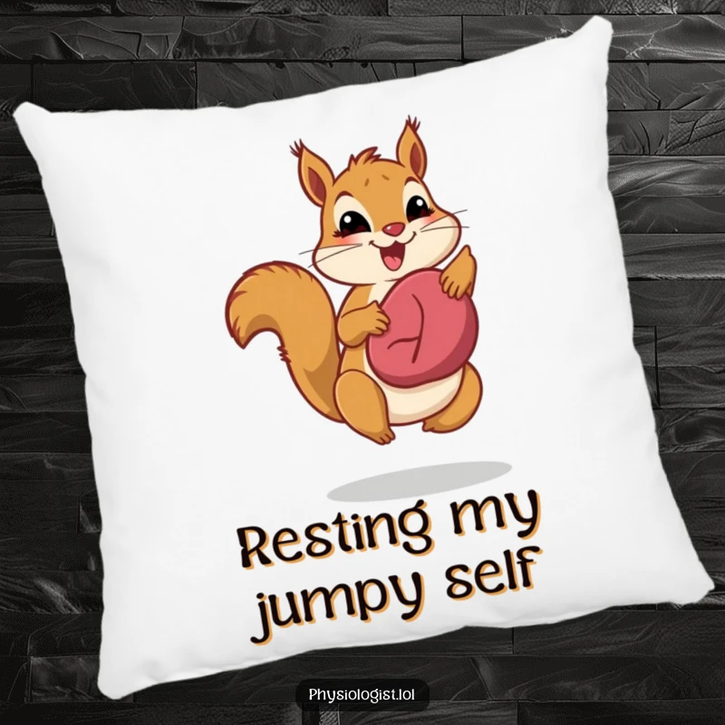 Funny liver health squirrel pillow, showing a jumping squirrel proudly displaying a healthy liver, offering cozy comfort and wellness humor.