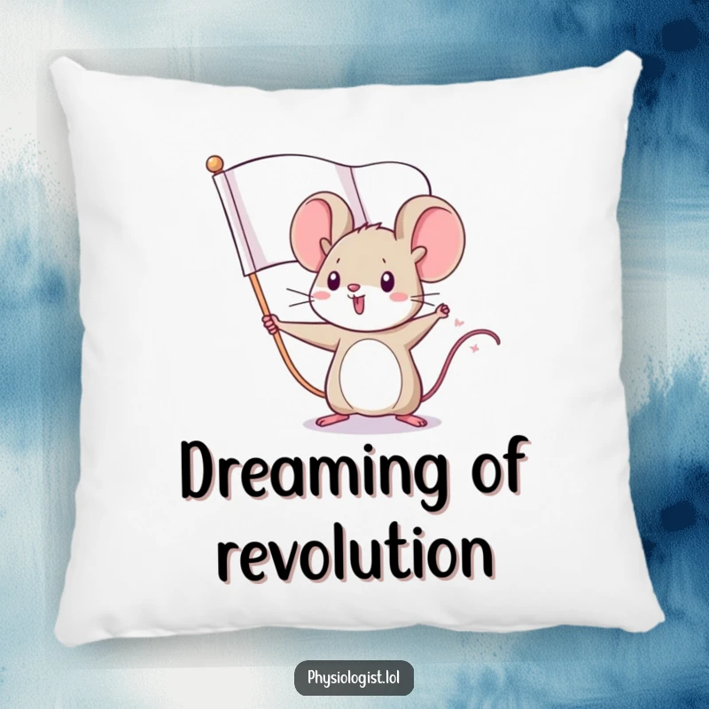 Funny mouse flag pillow showing a tiny mouse hero bravely waving a large, fierce flag, cozy and inspirational.