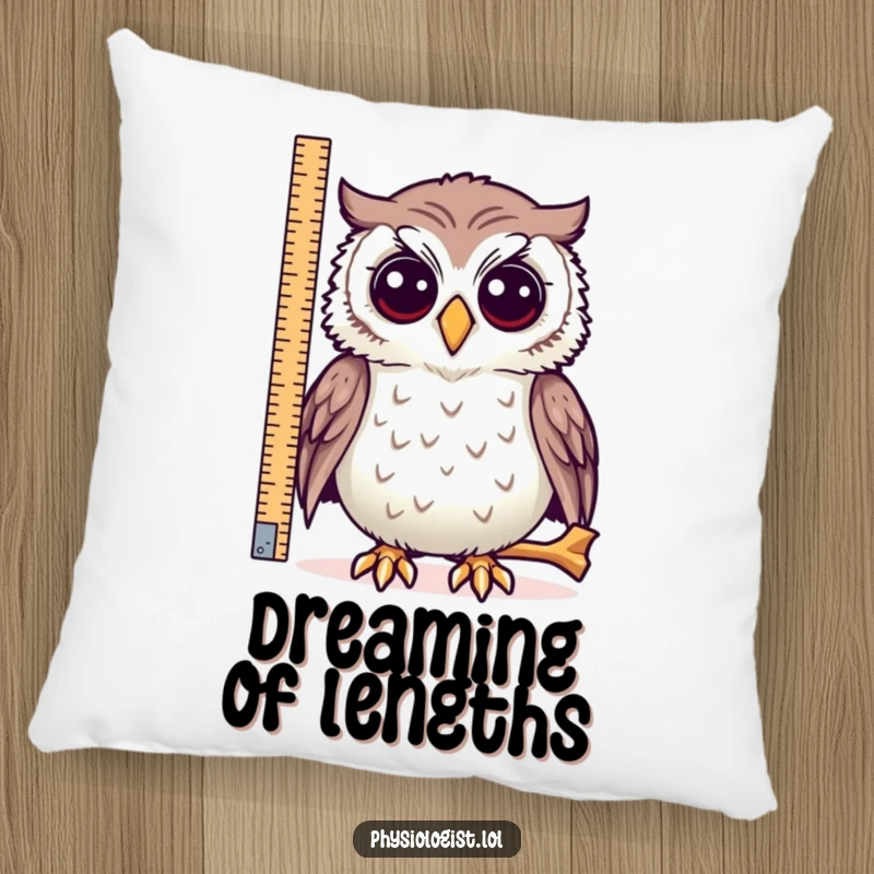 Funny decorative pillow, an owl measuring a long bone, providing comfort and humorous intellectual appeal.