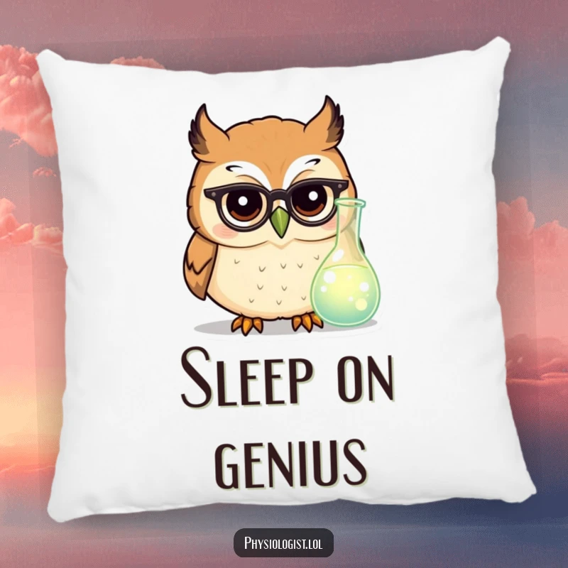 Funny owl scientist pillow featuring a round owl with tiny glasses examining a glowing beaker, offering smart and cozy humor.