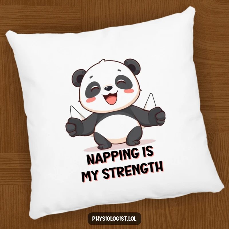 Funny panda pillow displaying a cheerful panda using puppets to demonstrate muscle movement, bringing humorous fitness vibes to any room.