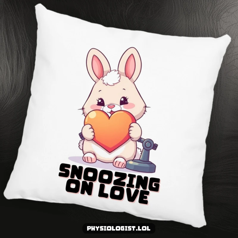 Funny decorative pillow with a fluffy rabbit scientist examining a large, colorful heart under a microscope.