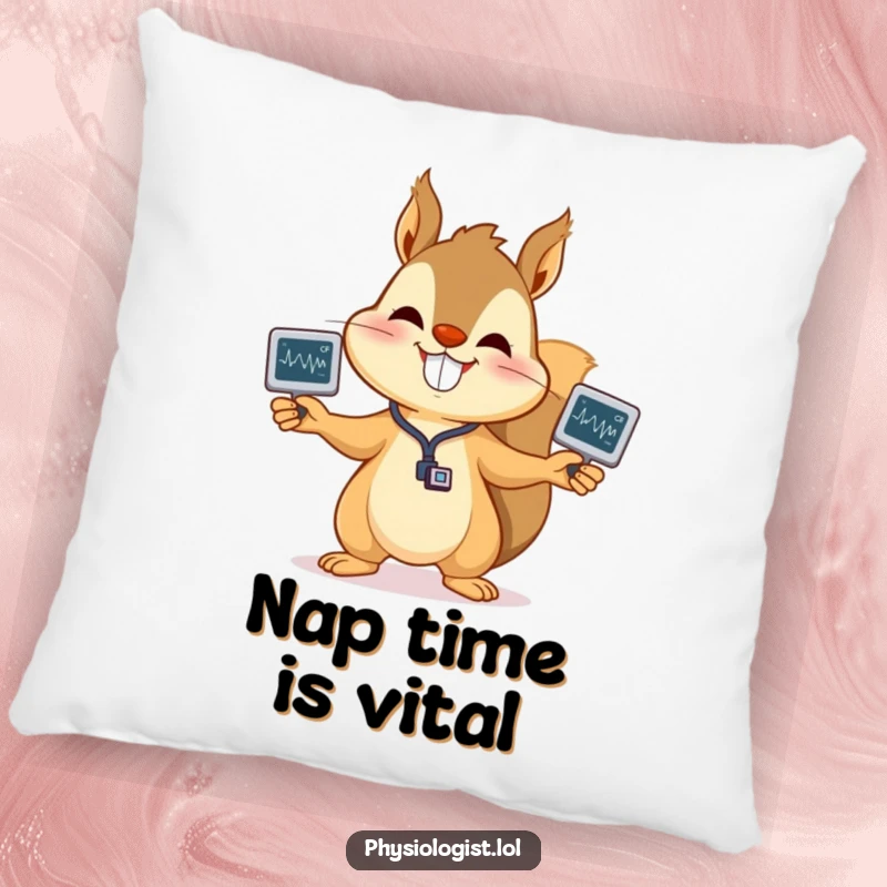 Funny squirrel EKG pillow showcasing a happy squirrel juggling EKG strips, perfect for adding comfort and humorous medical flair, a great gift.