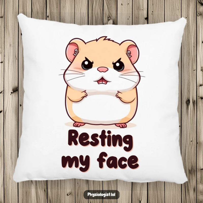 Funny stern hamster pillow, a hamster bouncing with a serious expression, soft and decorative cushion.