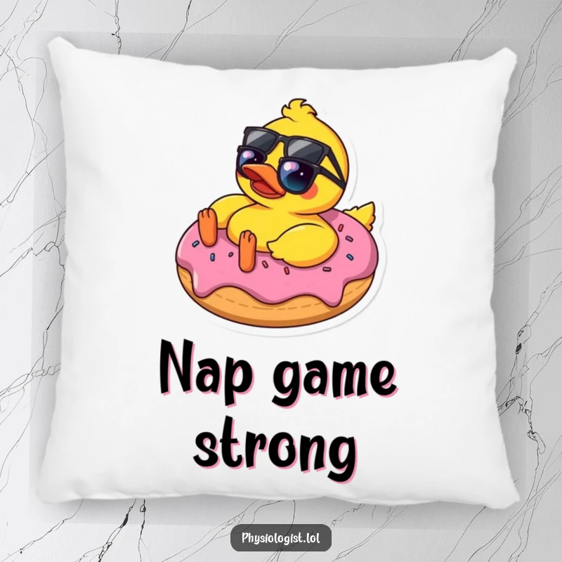 Funny rubber ducky wearing sunglasses, lounging on a donut cushion, offering humorous and comfortable home decor.