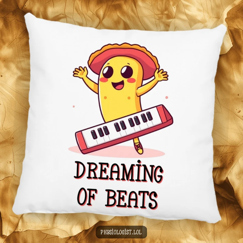 Funny taco dancing salsa on a giant keyboard, on a pillow, providing humorous and cozy comfort.