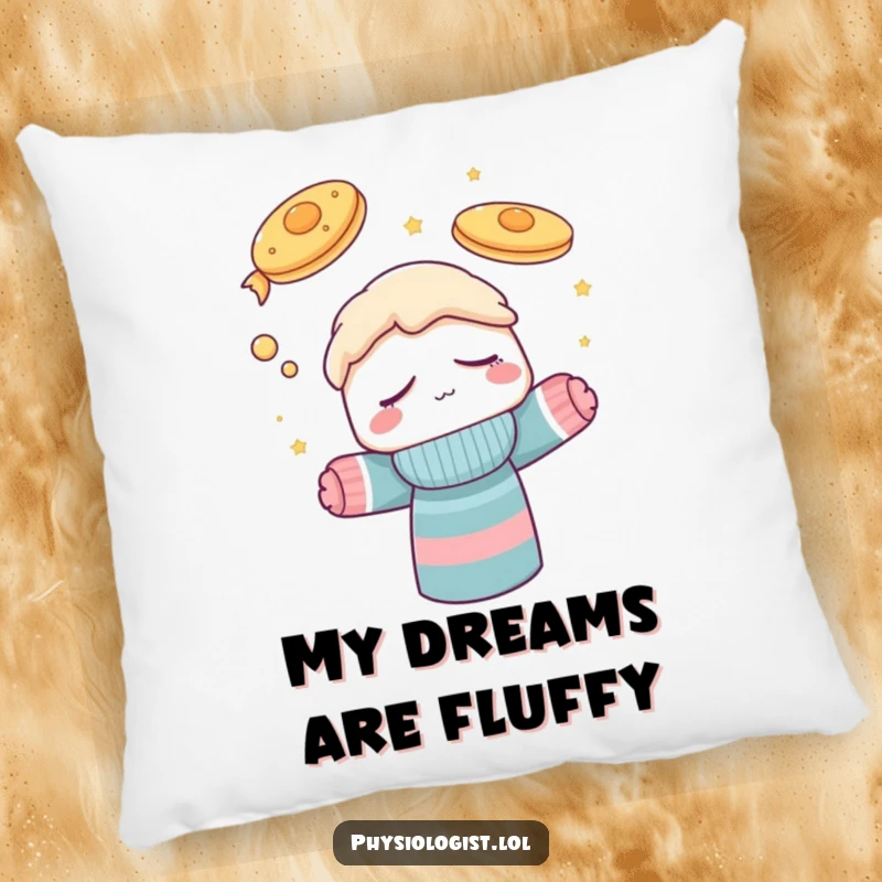 Funny pillow decorated with a sleepy sock puppet character relishing a comical dream about pancakes taking flight, perfect for adding humor to furniture.