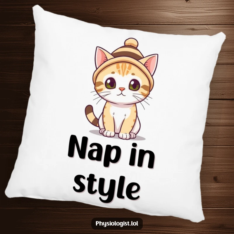 Funny cat wearing a small, striped hat, on a plush pillow. A cute funny gift for comfort.