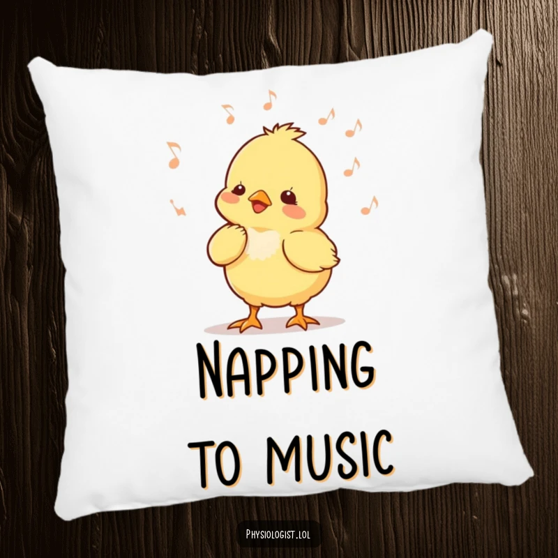 Funny chick music pillow showing a tiny chick bobbing its head to music, providing comfort with a cheerful musical theme.