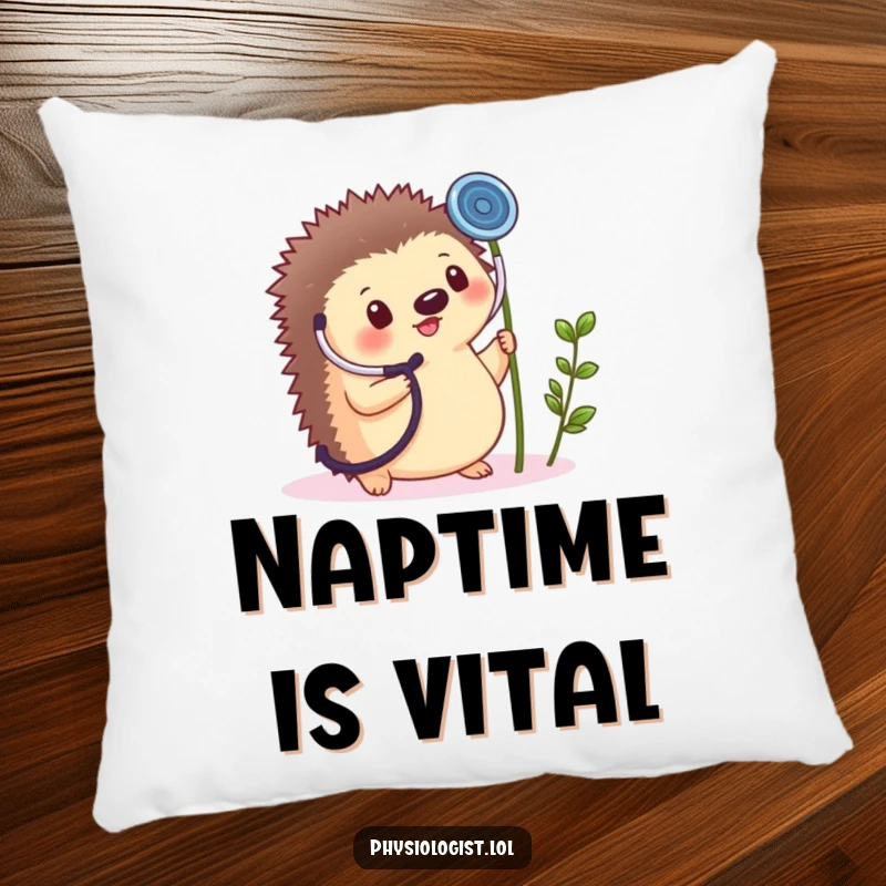 Funny decorative pillow with a small, round hedgehog cheerfully holding a giant stethoscope to a tiny plant sprout.
