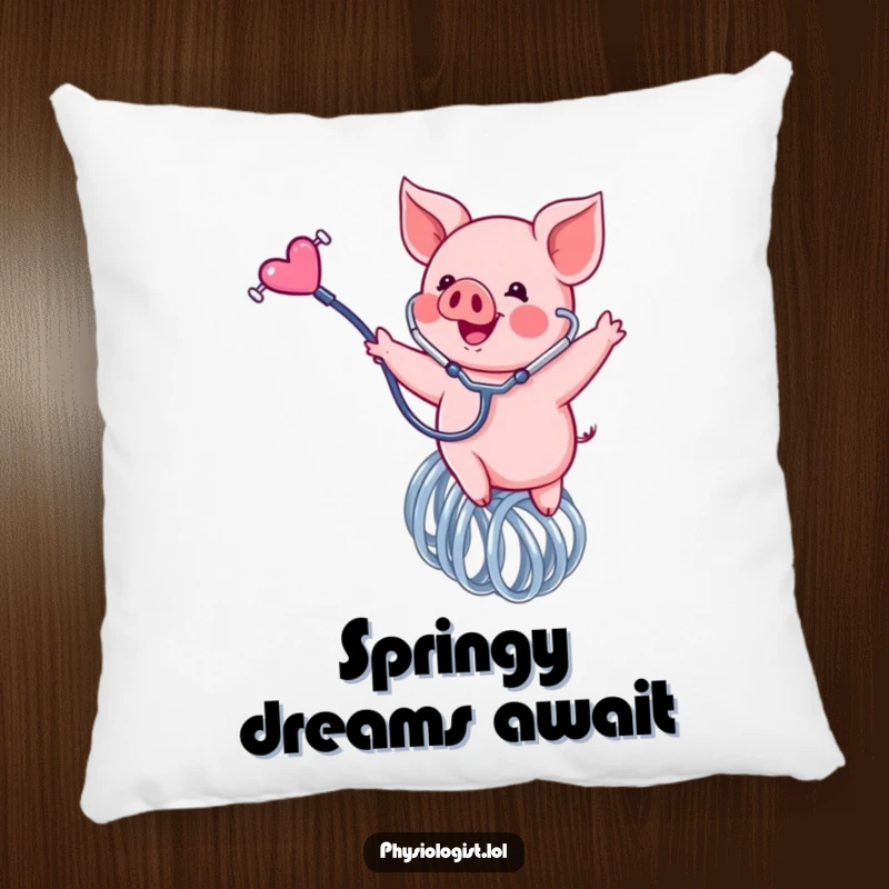 Funny piglet pillow, a soft cushion featuring a happy pink piglet bouncing on a spring holding a stethoscope, offering comfort.