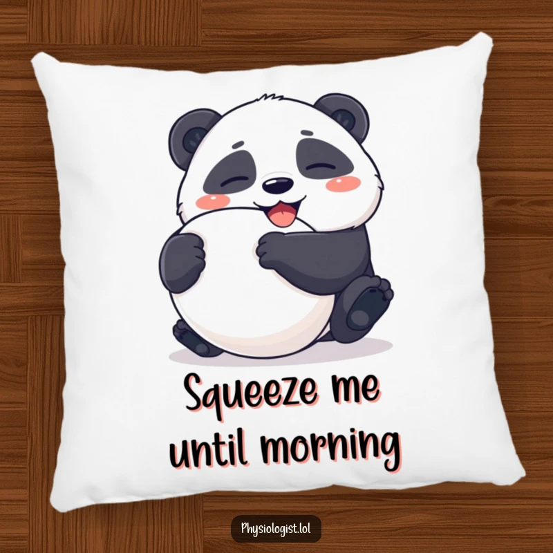 Funny Pillow: Giggling panda character squeezing a large, ambiguously shaped stress ball, a soft touch of humor.