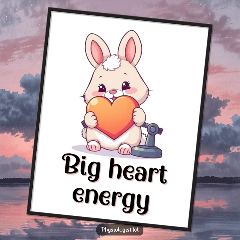 Funny digital art print of a fluffy cartoon rabbit examining a brightly colored, oversized heart under a microscope.