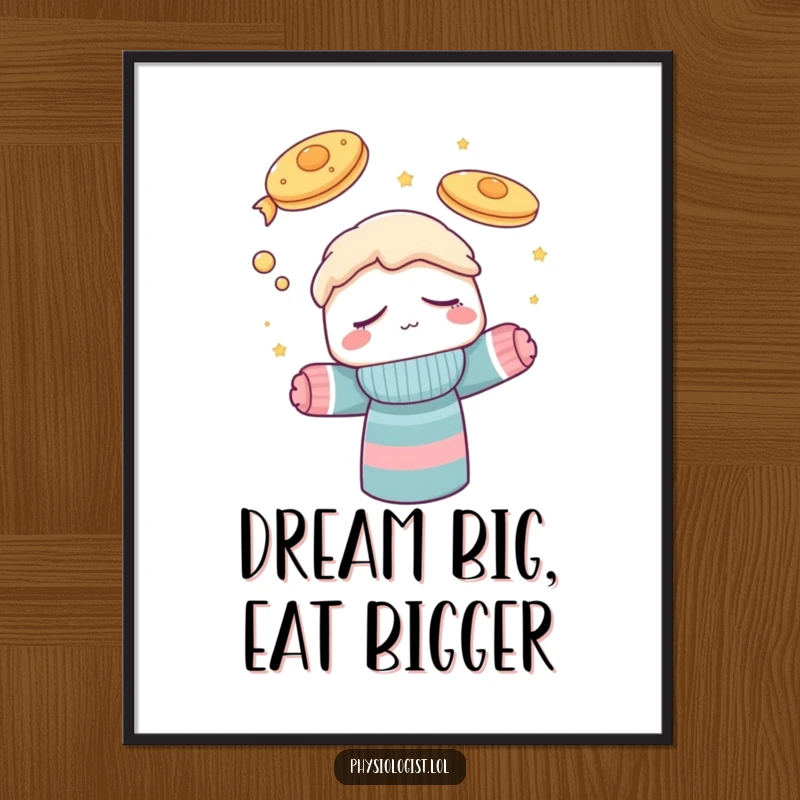Funny digital art print showing a sleepy sock puppet lost in a delightful dream of pancakes soaring through the sky, perfect for humorous wall decor.