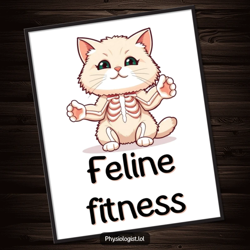 Funny cat muscle digital art print of a fluffy cat stretching its paws to illustrate skeletal muscle diagrams, for decor.